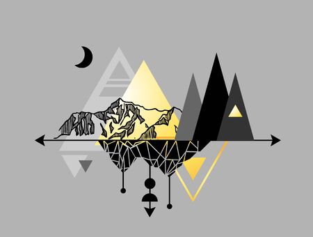 Mountains composition. Boho style vector illustration. Beautiful mountains landscape.のイラスト素材