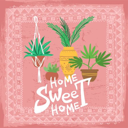 Cozy hand drawn vector set of elements. Home sweet home. Home plants.のイラスト素材