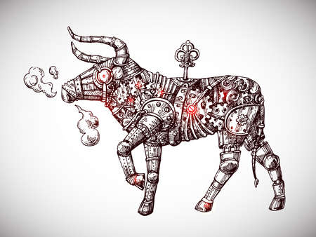Mechanical bull. Hand drawn vector steampunk animal. Symbol of 2021 eyar.のイラスト素材