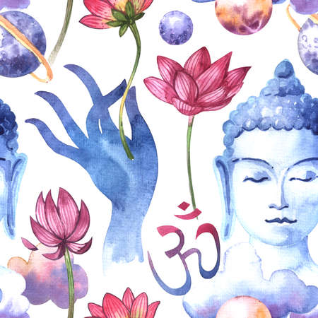 Buddha watercolor illustration. Hand drawn boho style print for yoga stuff.の写真素材