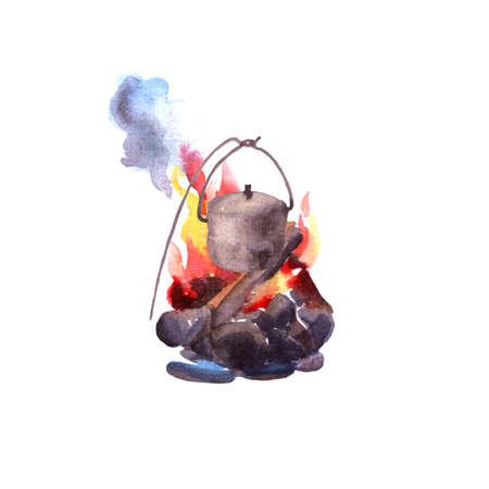 Bonfire. Hiking in mountains. Hand drawn watercolor illustrations.の写真素材