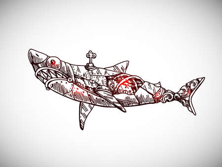 Mechanical fish. Hand drawn vector illustration.のイラスト素材