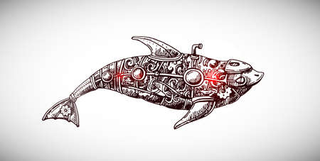 Mechanical fish. Hand drawn vector illustration.のイラスト素材
