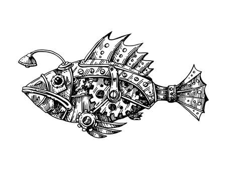 Mechanical fish. Hand drawn vector illustration.のイラスト素材