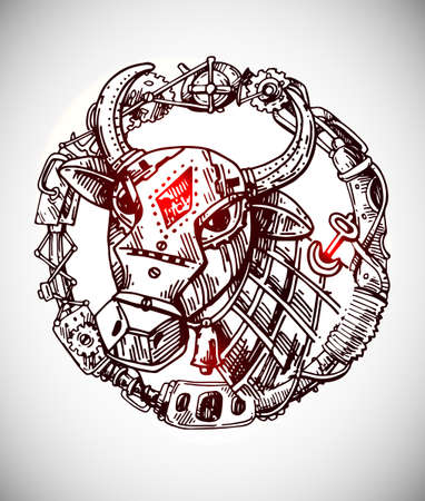 Mechanical cow. Hand drawn vector illustration steampunk style.のイラスト素材