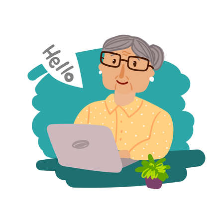 Happy grandma with laptop. Hand drawn beautiful vector illustration with grandmother.のイラスト素材