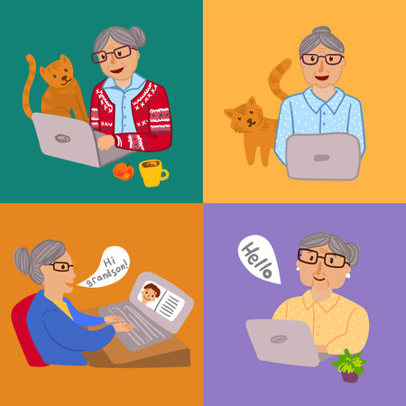 Happy grandma with laptop. Hand drawn beautiful vector illustration with grandmother.のイラスト素材