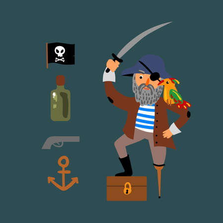 Bundle pirate. Hand drawn beautiful vector illustration with pirate and his stuff.のイラスト素材