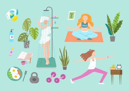 Morning routine set. Colorful vector illustrationのイラスト素材