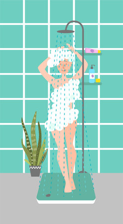 Girl taking a shower. Morning routine. Colorful vector illustrationのイラスト素材