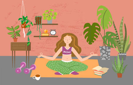 Girl do yoga at home with plants. Houseplants vector illustrations. Urban jungls. Plants are friends.のイラスト素材