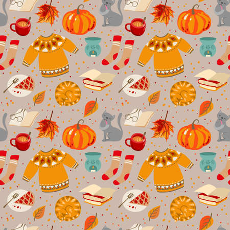 Cute autumn things: sweater, pumpkin, tea, cocoa, cake, socks. Autumn mood.のイラスト素材