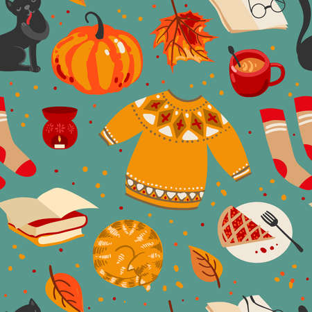 Cute autumn things: sweater, pumpkin, tea, cocoa, cake, socks. Autumn mood.のイラスト素材