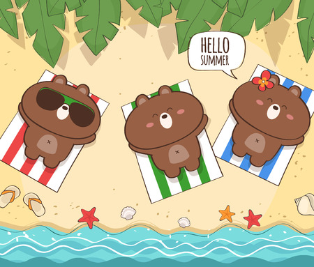 Summer holiday illustration with cute bear charactersのイラスト素材