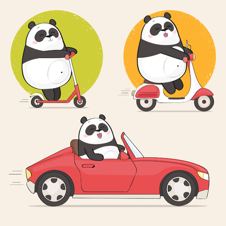 Set of a panda bear stickers using different vehicles. Cute panda character riding a scooter and driving a carのイラスト素材