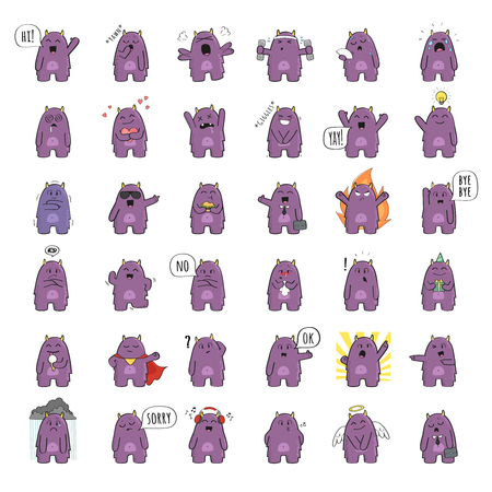 Set of cute monster character in various poses and with various emotions. Raster illustrationの写真素材