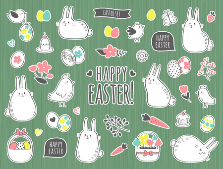 Vector Easter set with cute bunnies, chickens, flowers, and eggs. Design elements and signs in cartoon style. Vector illustration.のイラスト素材