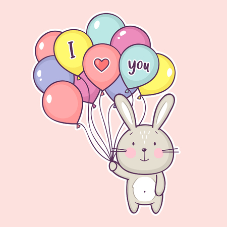 Cute little rabbit holding air balloons with the inscription I love you. Valentine's Day greeting card. Vector illustration.のイラスト素材