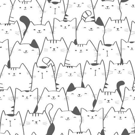 Vector seamless pattern with cute cats. Doodle art. Cat seamless hand drawn backgroundのイラスト素材