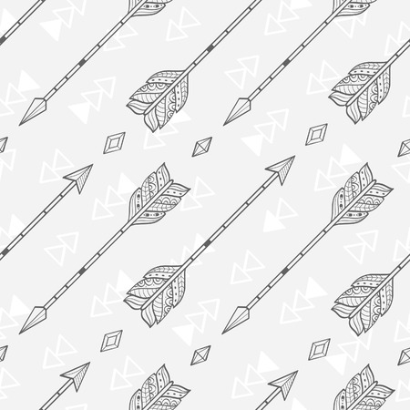 Vector seamless pattern with tribal arrows and crystals, black and white grayscale, boho style pattern, vector backgroundのイラスト素材