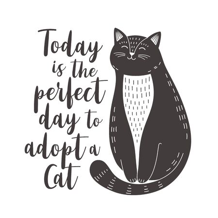 Cat adoption poster. Cute black and white cat with quote. Vector illustrationのイラスト素材