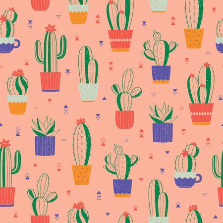 Cute seamless pattern with various hand-drawn cactuses in flowerpots. Vector colorful background