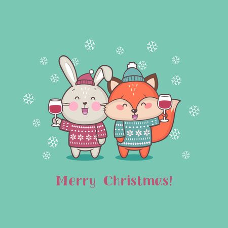 Merry Christmas greeting card with cute cartoon animals holding glass of wine. Merry Christmas and Happy New Year vector illustrationのイラスト素材
