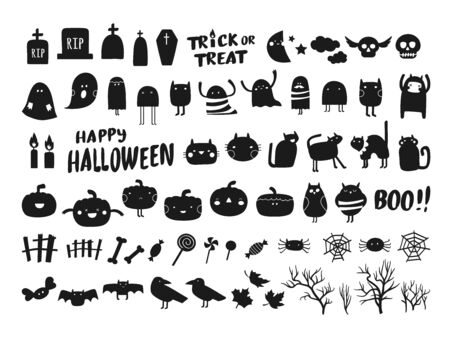 Vector collection of Halloween silhouettes characters and icons. Black Halloween design elements on white backgroundのイラスト素材