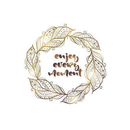 Wreath with feathers, golden ethnic feathers, boho style, circle frame with place for text, isolated on white backgroundのイラスト素材