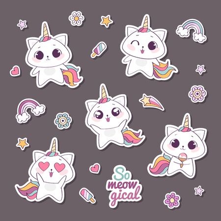 Set of cute vector unicorn cats or caticorns, cute kittens with unicorns horns and tails, so meowgicalのイラスト素材