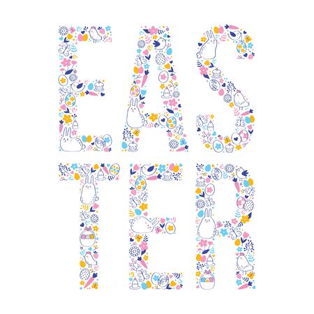 Happy easter. Colorful decorated lettering. Easter word made of bunnies, easter eggs, flowers and hearts. Easter day cute greeting cardのイラスト素材