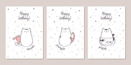 Set of birthday greeting cards design with cute cartoon zodiac cats. Water zodiacal signs: Cancer, Scorpio, Pisces. Vector illustrationのイラスト素材