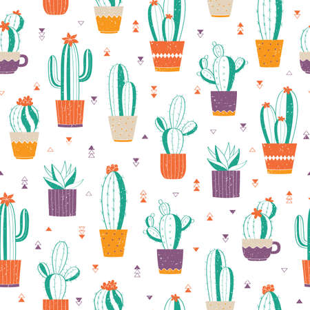 Cute seamless pattern with various hand-drawn cactus in flowerpots. Vector colorful backgroundのイラスト素材