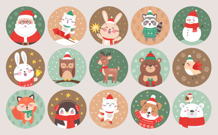 Round Christmas stickers labels with cute characters. Santa Claus, bear, snowman, penguin, bunny, fox. Merry Christmas and Happy New Year. Vector illustration.のイラスト素材