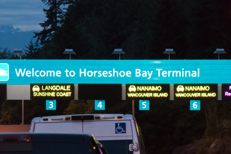 Vancouver, Canada - July 16, 2020: Horseshoe Bay Terminal with cars lining up to board BC ferries during Covid-19 pandemicのeditorial素材