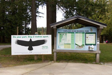 Vancouver, Canada - April 8, 2020: View of sign "Do your part. Stay 2 metres apart" in Capilano River Regional Park due to COVID-19(coronavirus) preventionのeditorial素材