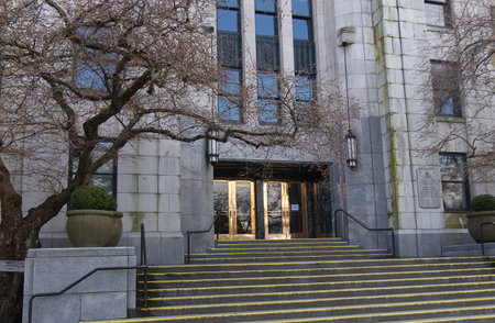 Vancouver, Canada - February 17, 2020: View of Vancouver City Hall Building in Downtown Vancouver at...