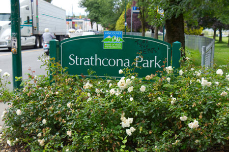 Vancouver,Canada - July 4,2020: View of sign "Strathcona Park" in downtown Vancouverのeditorial素材