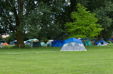 Vancouver, Canada - July 4,2020: View of Strathcona Park in downtown Vancouver full of tents and...