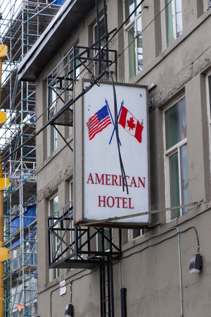Vancouver, Canada - July 4, 2020: Close up view of  American Hotel building in downtown Vancouverのeditorial素材