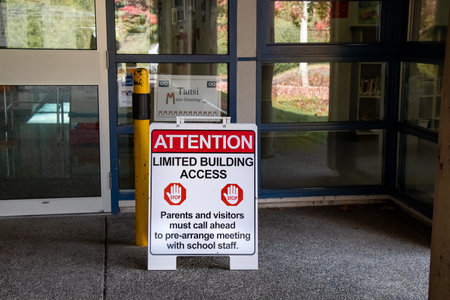 Sayward, Canada - October 7,2020: View of signAttention, limited building access at the entrance of...