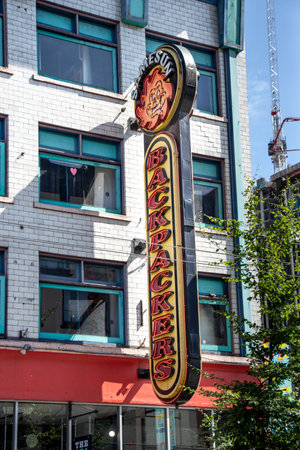 Vancouver, Canada - June 29,2020: View of sign Samesun Backpackers Hotel on Granville Streetのeditorial素材