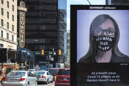 Vancouver, Canada - June 29,2020: View of the banner Health Not Hate with Georgia Hotel in...