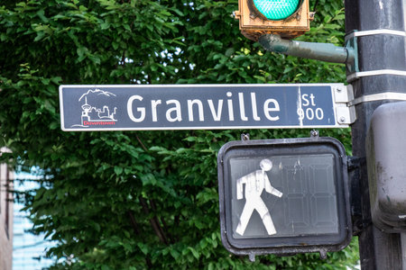 Vancouver, Canada - June 29, 2020: A View of Granville Street sign with  traffic lightのeditorial素材