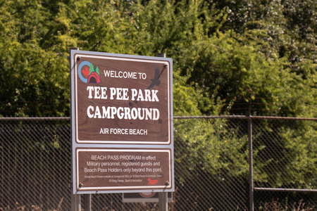 Comox, Canada - July 24,2021: View of sign Welcome to Tee Pee Park Campground at Air Force Beachのeditorial素材