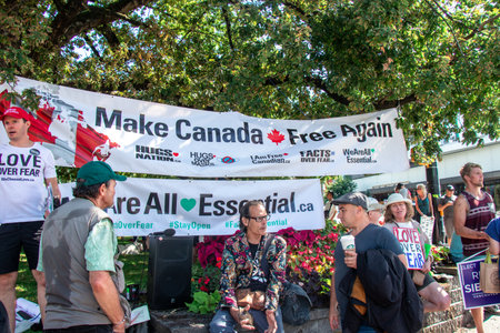 Vancouver, Canada - September 8,2021: View of sign Make Canada Free again during the rally against the BC Vaccine Card in front of Vancouver City Hallのeditorial素材