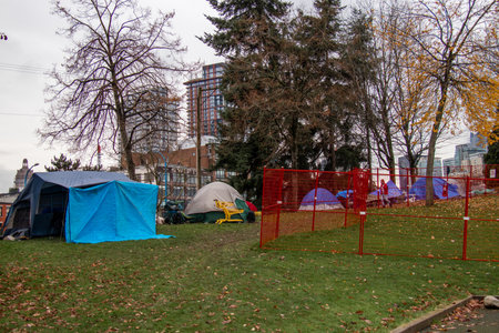 Vancouver, Canada - November 20,2021: View of Crab Park in downtown Vancouver full of tents and homeless peopleのeditorial素材