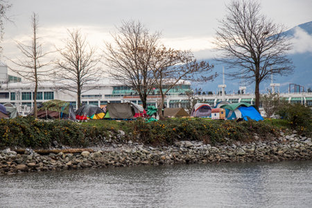 Vancouver, Canada - November 20,2021: View of Crab Park in downtown Vancouver full of tents and homeless peopleのeditorial素材