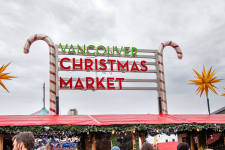 Vancouver, Canada - November 20, 2021: People are waiting in line to enter The Vancouver Christmas Market in downtownのeditorial素材