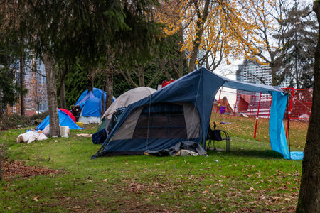 Vancouver, Canada - November 20,2021: View of Crab Park in downtown Vancouver full of tents and homeless peopleのeditorial素材